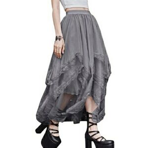 Lace Trim Layered Mesh Tulle Skirt High Waist Asymmetrical Long Goth Skirt Gray